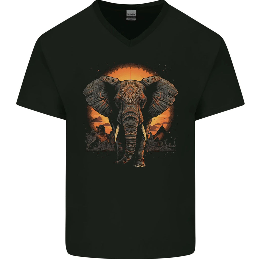 Sunset Tribal Elephant Fantasy Mens V-Neck Cotton T-Shirt