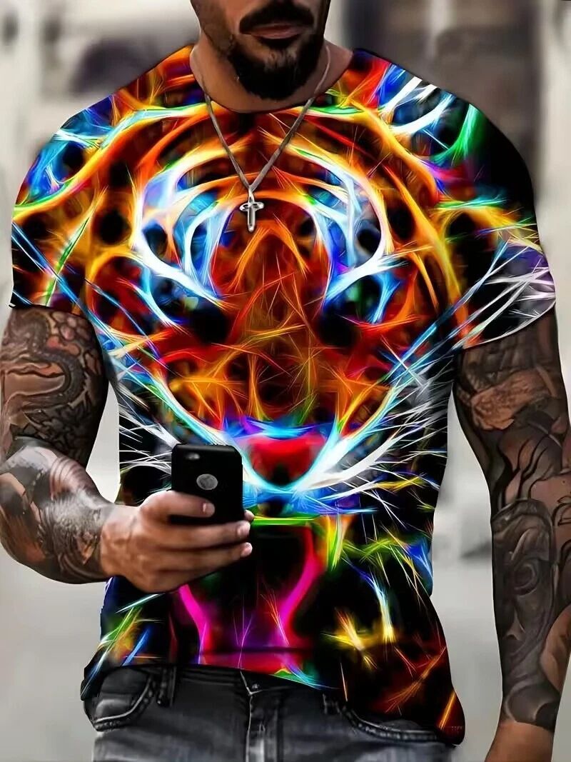 Men T Shirts Fashion Abstract Tiger Head Casual Short Sleeve Novelty Trendy Tee