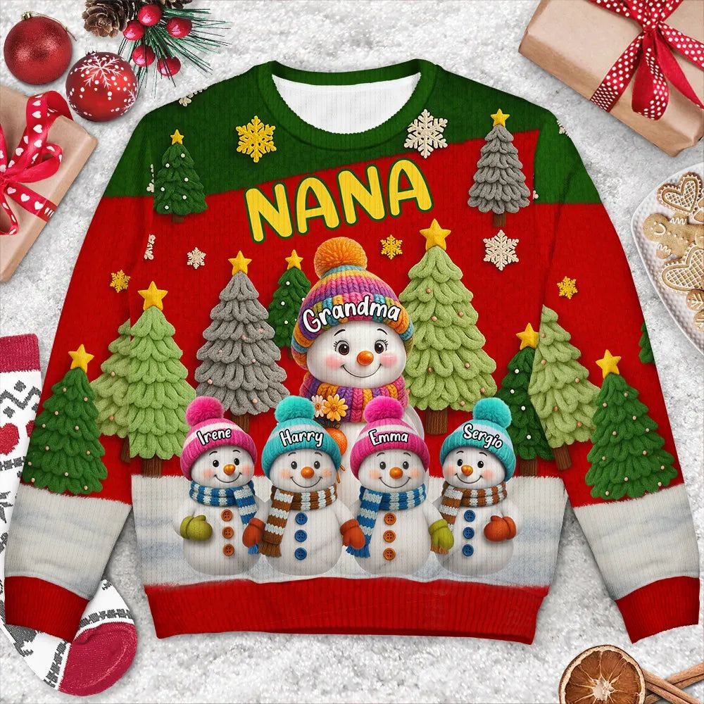3D Effect Snowman Grandma Nana & Grandkids - Personalized Unisex Ugly Sweater