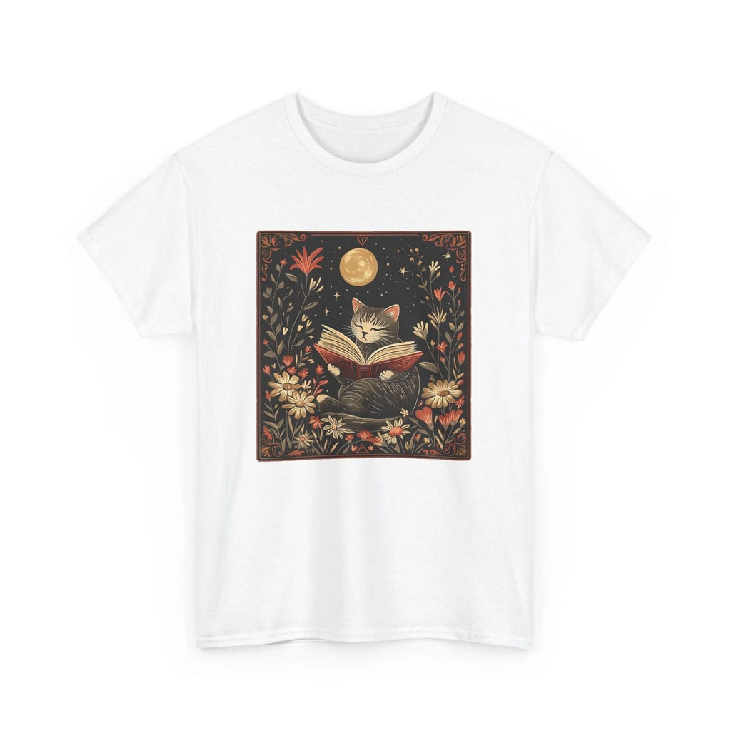 Cat Reading a Book Boho T-Shirt   Whimsical Cozy Book Lover Shirt