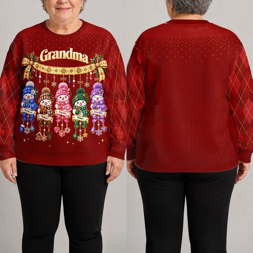 Christmas Gift For Grandma - Personalized Grandkids Snowmen Unisex Ugly Sweater