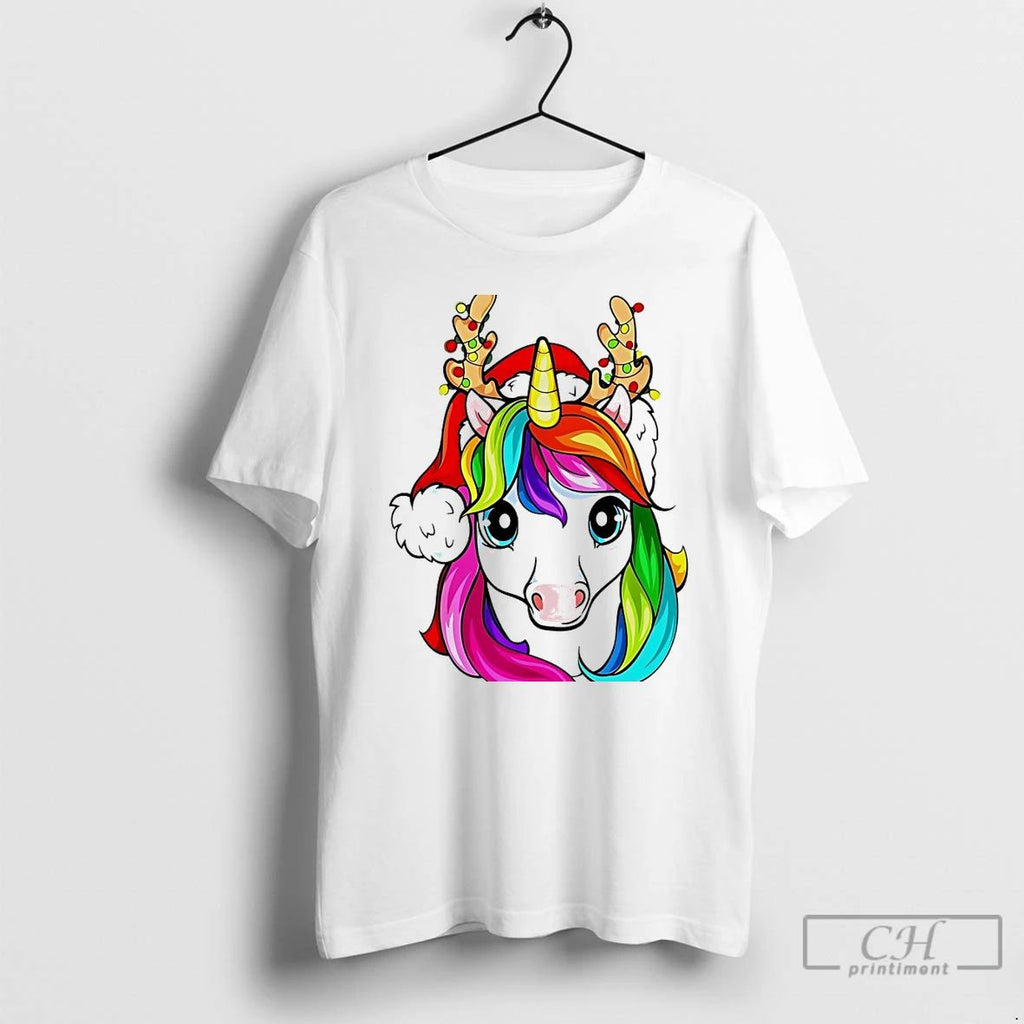Classic Rainbow Reindeer Unicorn Christmas Lights White T Shirts