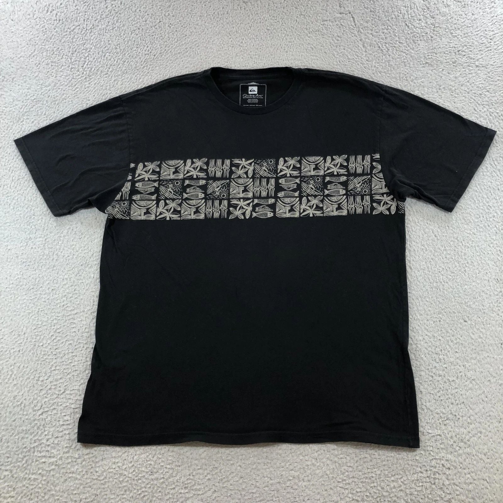Quiksilver Waterman Collection Shirt Mens XL Black Graphic Print Short Sleeve