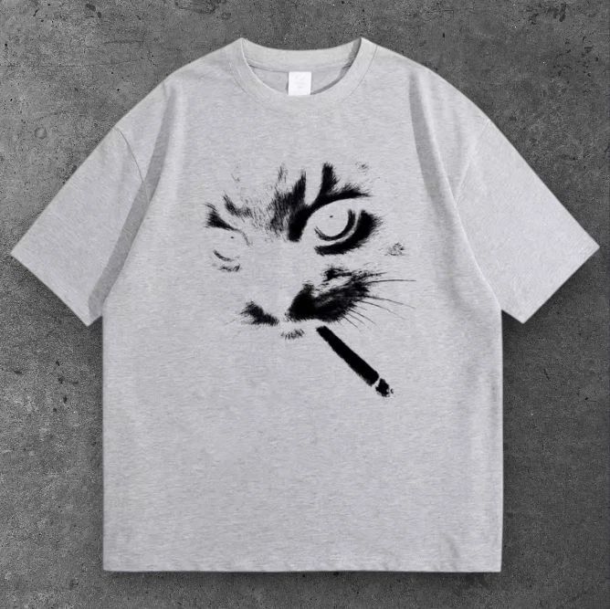 Unisex Smoking Cat Oversized T Shirt Gray Y2K Grunge Streetwear S-2XL