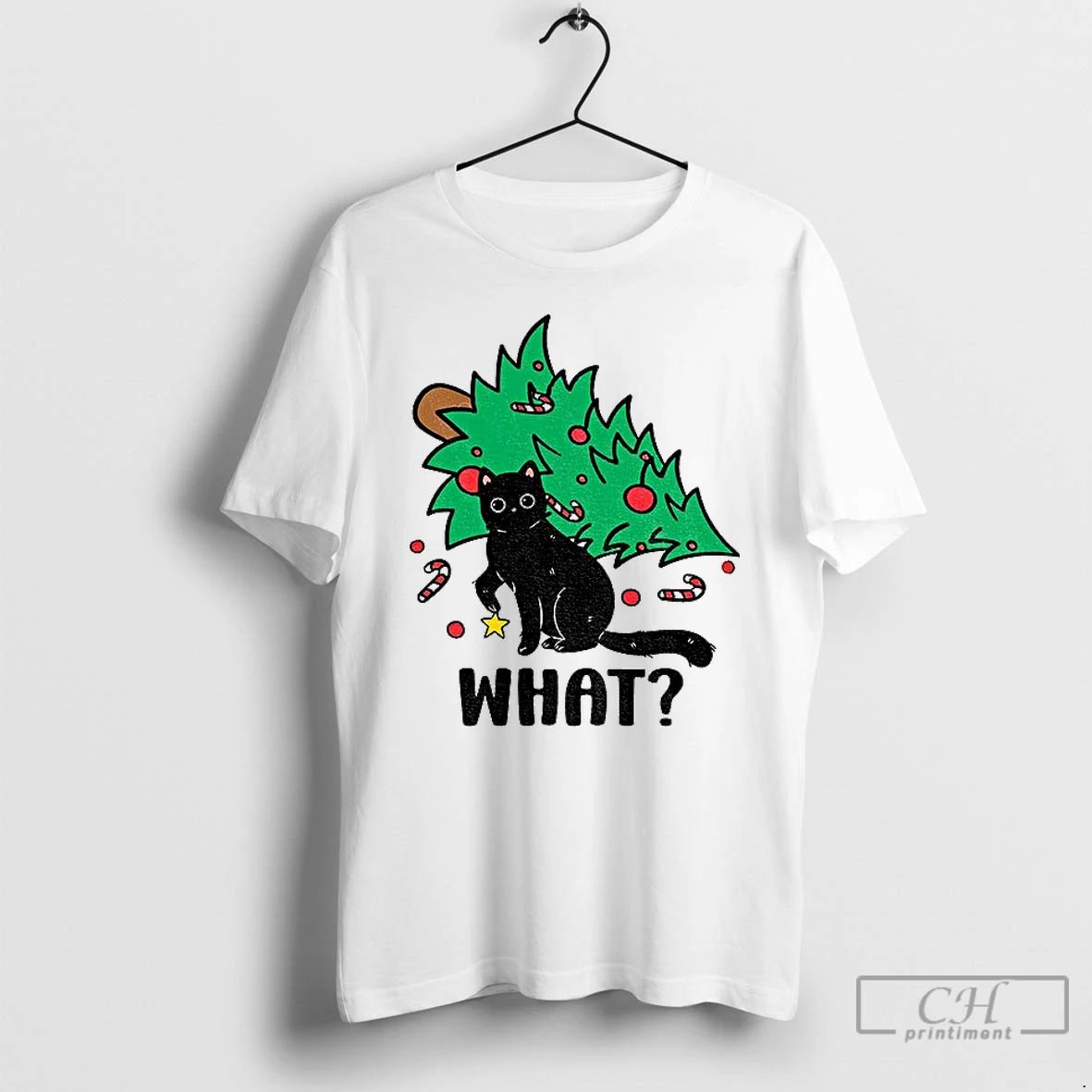 Classic Black Cat Causing Trouble What Christmas Tree Xmas T Shirts
