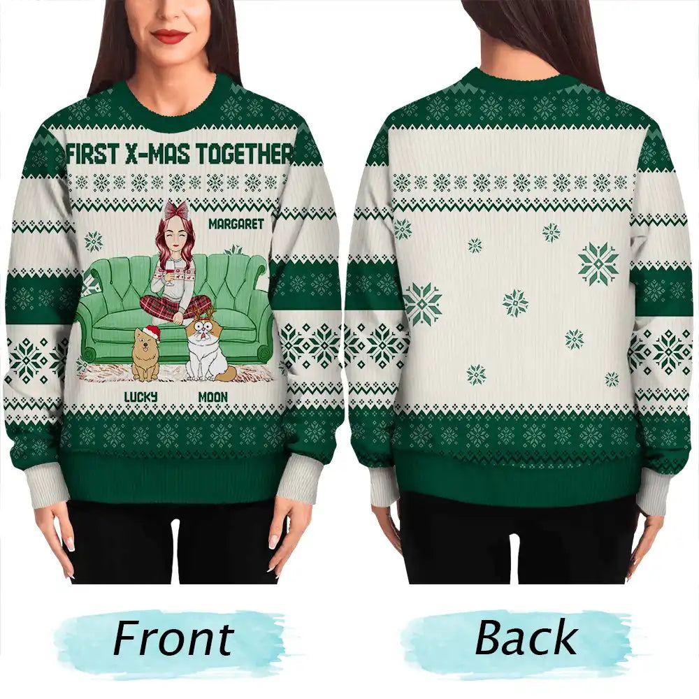 Cartoon Single Mom Dad With Kids And Pets - Personalized Unisex Ugly Sweater