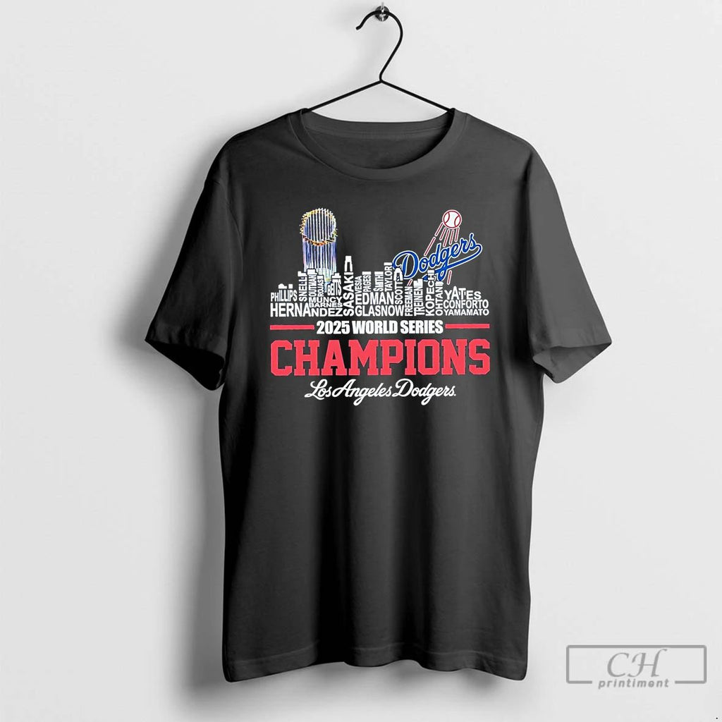 Premium Los Angeles Dodgers 2025 World Series Champions Players Names Skyline T Shirts