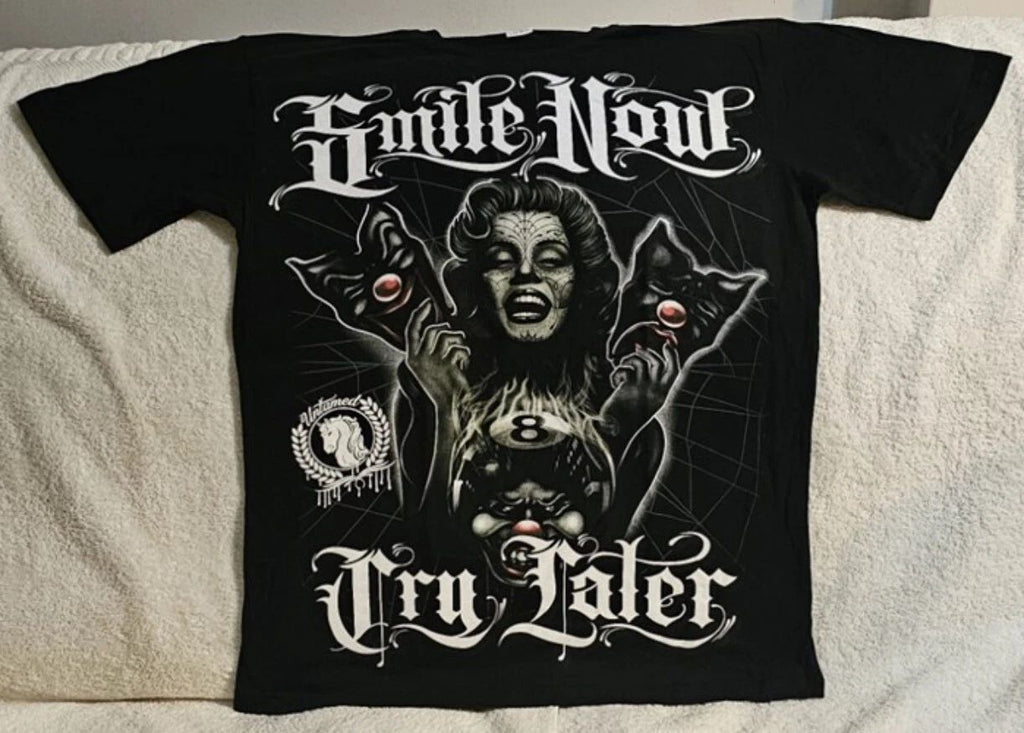 MARILYN MONROE SMILE NOW CRY LATER MASKS 8 BALL UNTAMED TATTOO T-SHIRT SHIRT