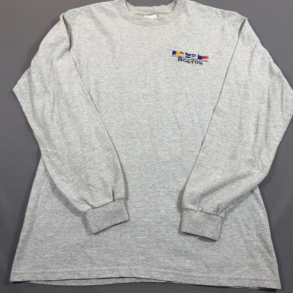 Boston Themed Cotton Long Sleeve Grey T-Shirt Size Medium Anvil Tag Made in USA