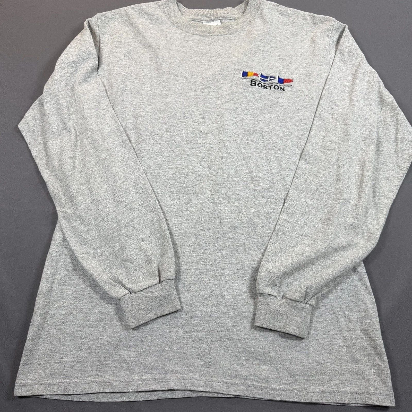 Boston Themed Cotton Long Sleeve Grey T-Shirt Size Medium Anvil Tag Made in USA