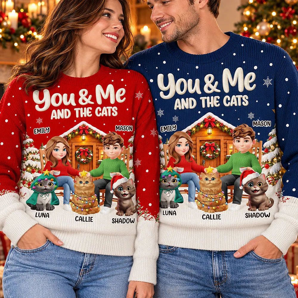 Christmas Gift For Pet Couples - Personalized You & Me And The Cats Unisex Ugly Sweater