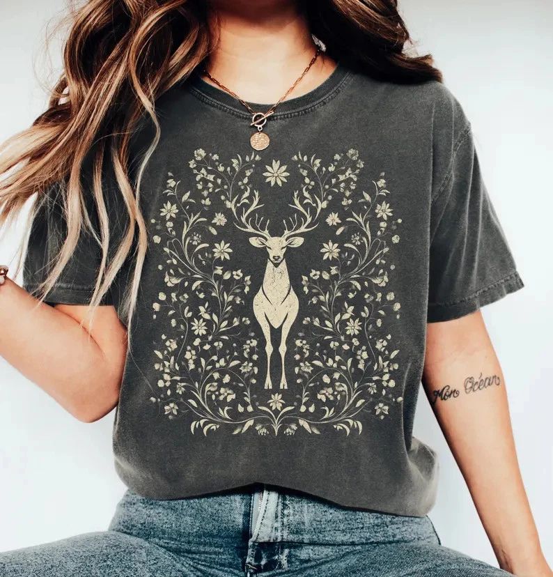Boho Floral Deer Comfort Tee Shirt Nature Lover Gift