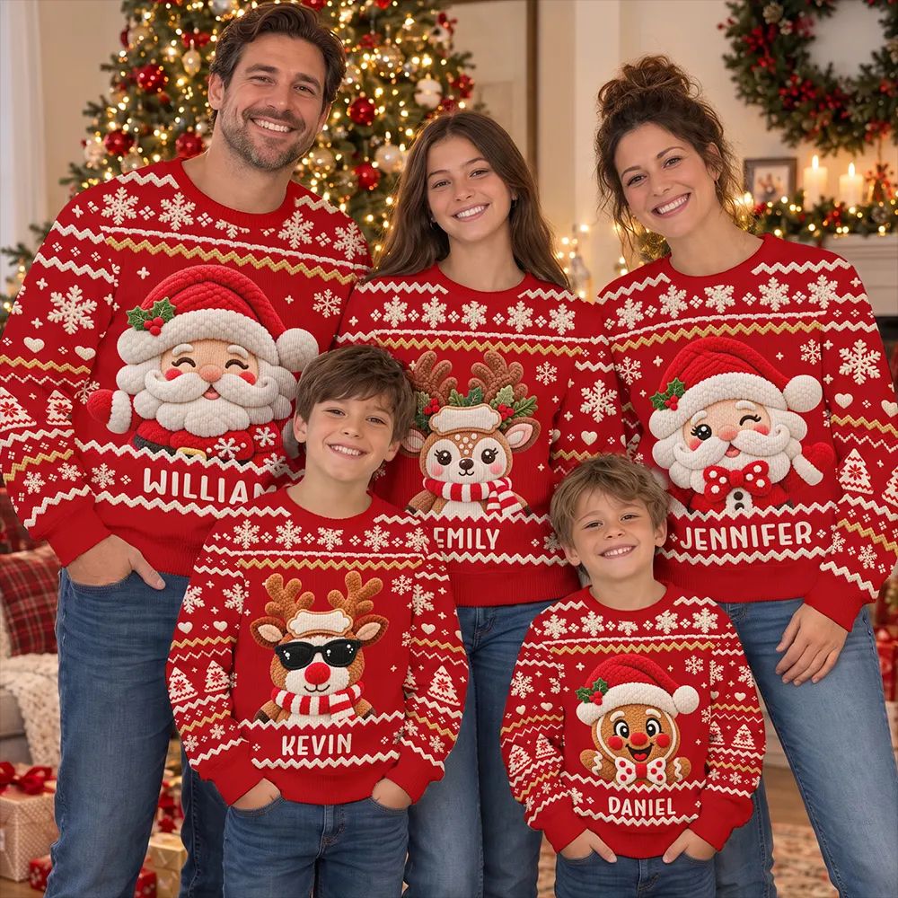 Christmas Gift For Family - Personalized Faux Chenille Effect Santa Snowman Reindeer Unisex Ugly Sweater