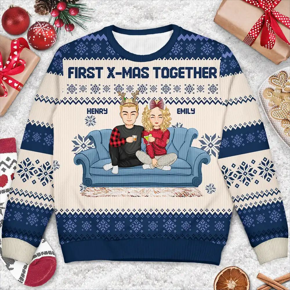 Cartoon Senior Couple With Children - Personalized Unisex Ugly Sweater