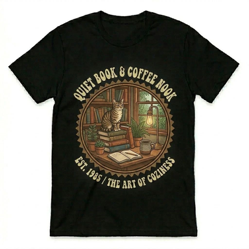 The Cabin Reader's Sanctuary T-Shirt Est 1985 Fireside Cat Book Lover Vintage Te