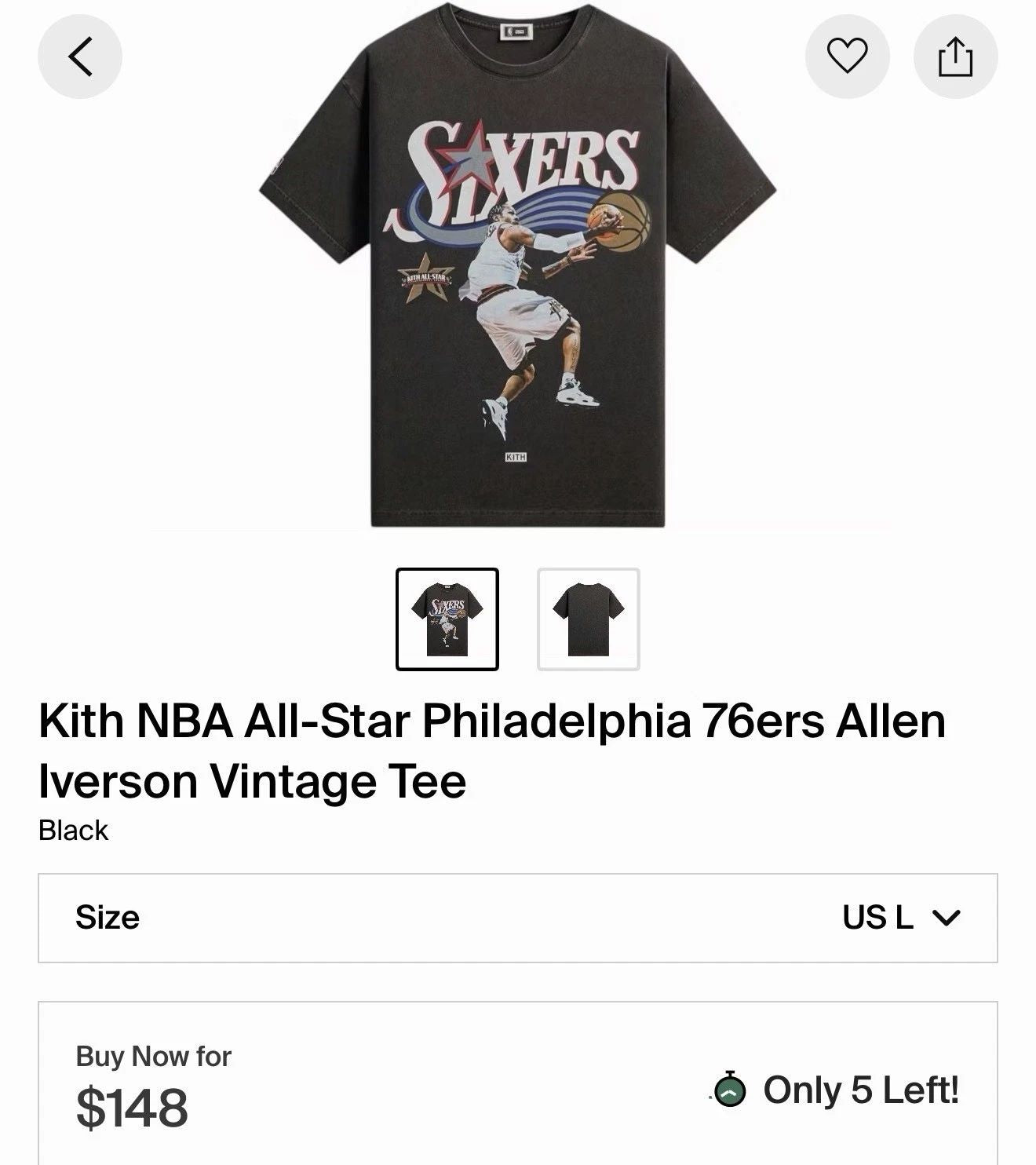 Kith for NBA All-Star Philadelphia 76ers Iverson Tee Size Large