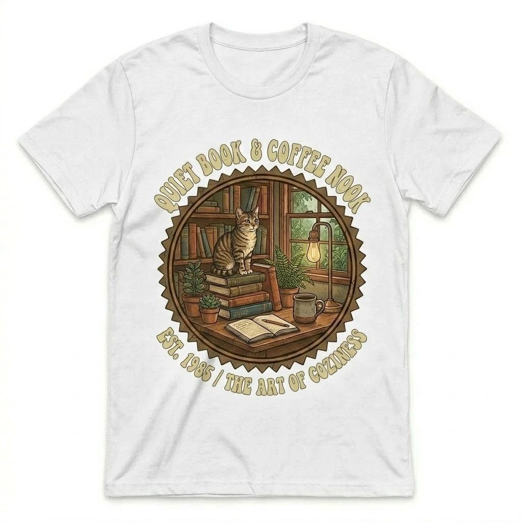 Quiet Book & Coffee Nook Cat T-Shirt Vintage Reading Cozy Bookworm Gift White Te