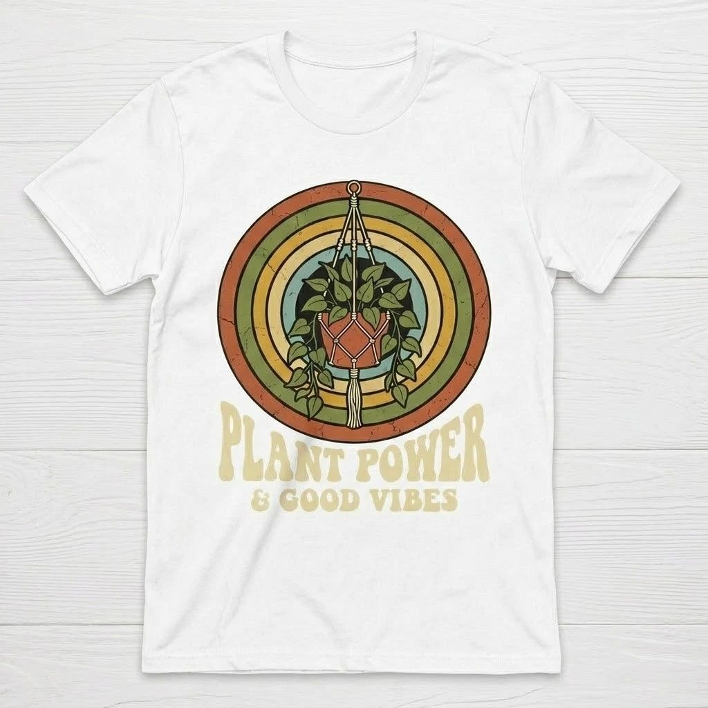 Plant Power Good Vibes T-Shirt Vintage Retro 70s Boho Hanging Plant Lover Tee Gi