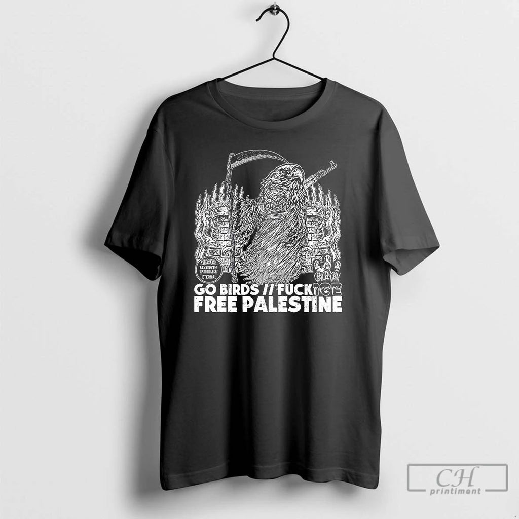 Classic Go Birth Fuck Ice Free Palestine Burning Castle Vintage T Shirts