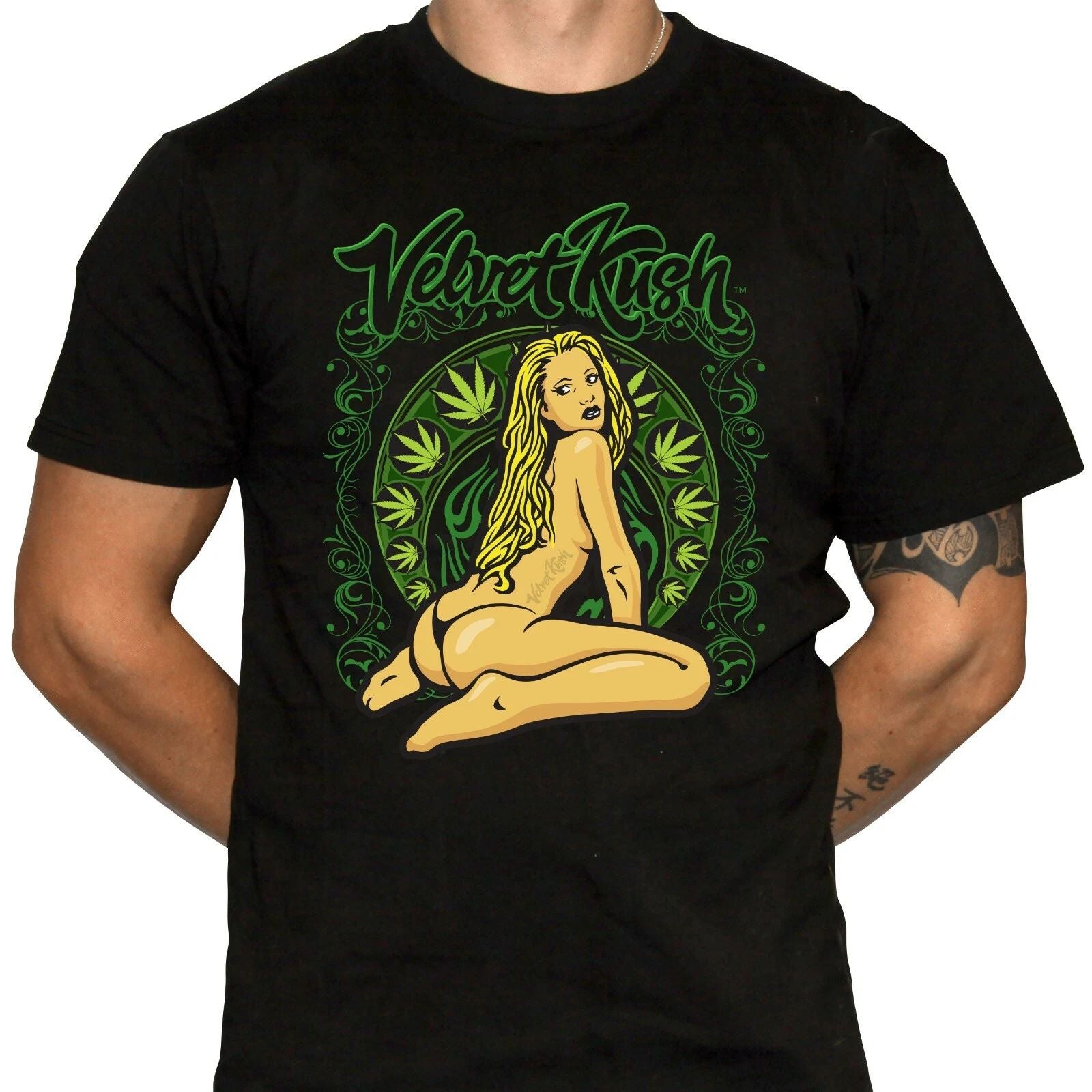 Velvet Kush Kneeling Pinup Girl T-Shirt - Marijuana Design - 100% Cotton Shirts