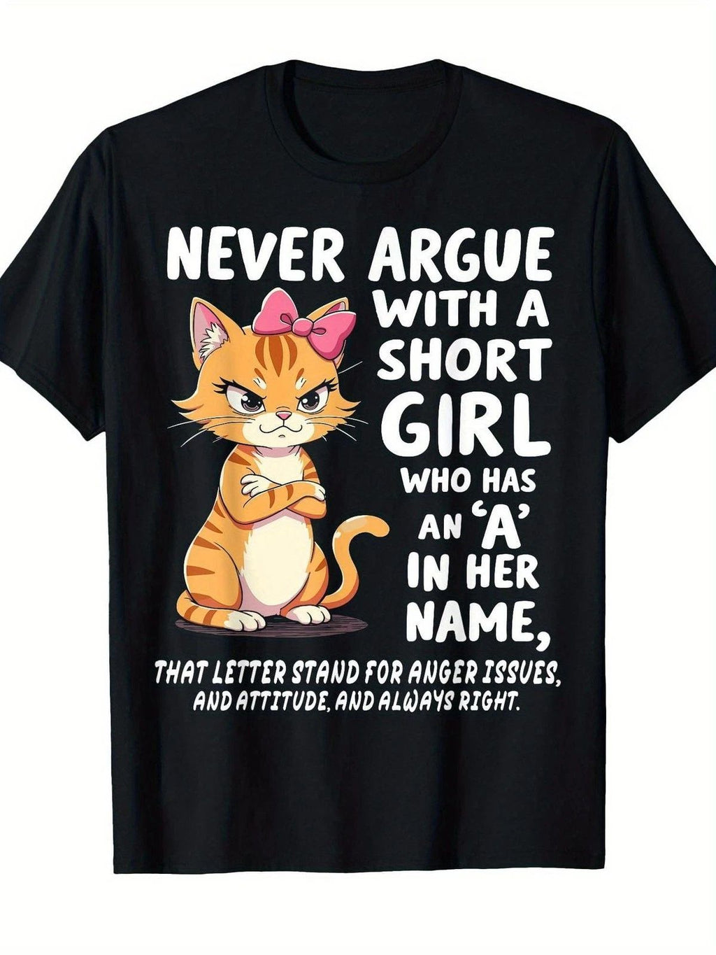 Cute Cat Pattern T-Shirt Black Funny Quote Design Casual Wear, PLUS SIZE