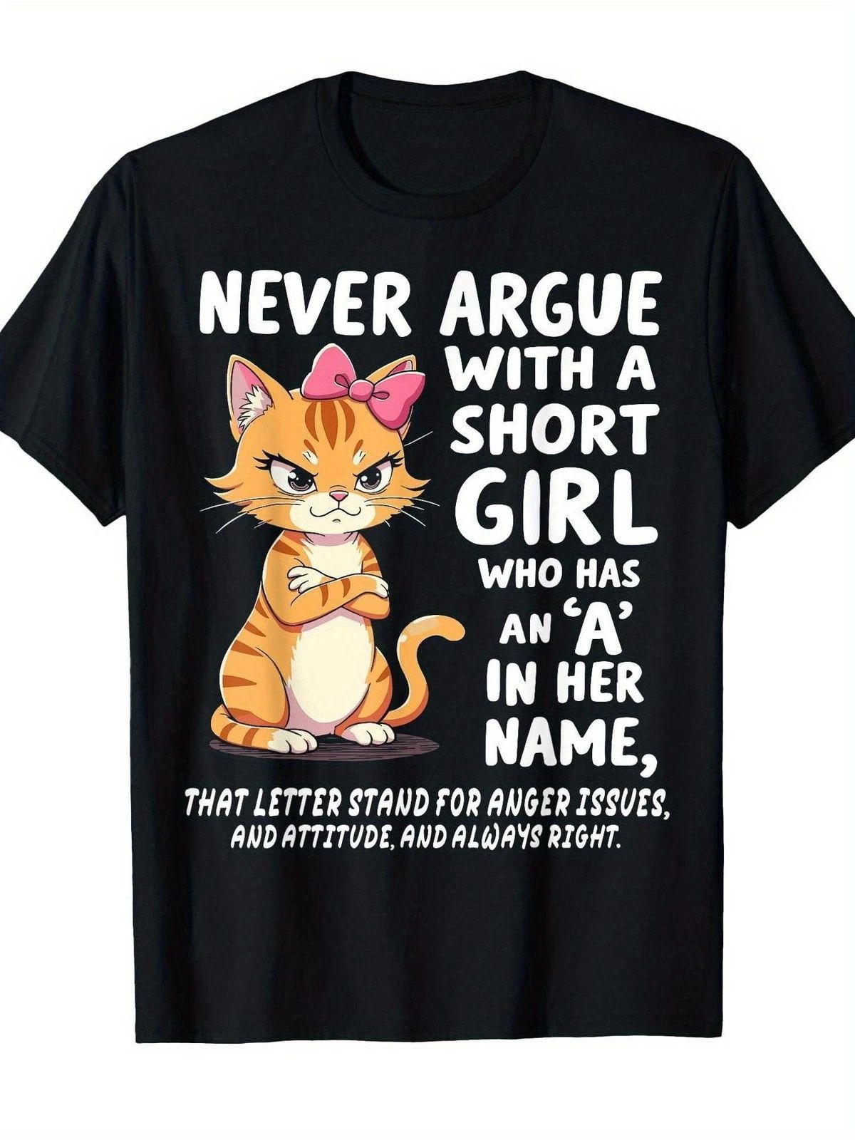 Cute Cat Pattern T-Shirt Black Funny Quote Design Casual Wear, PLUS SIZE