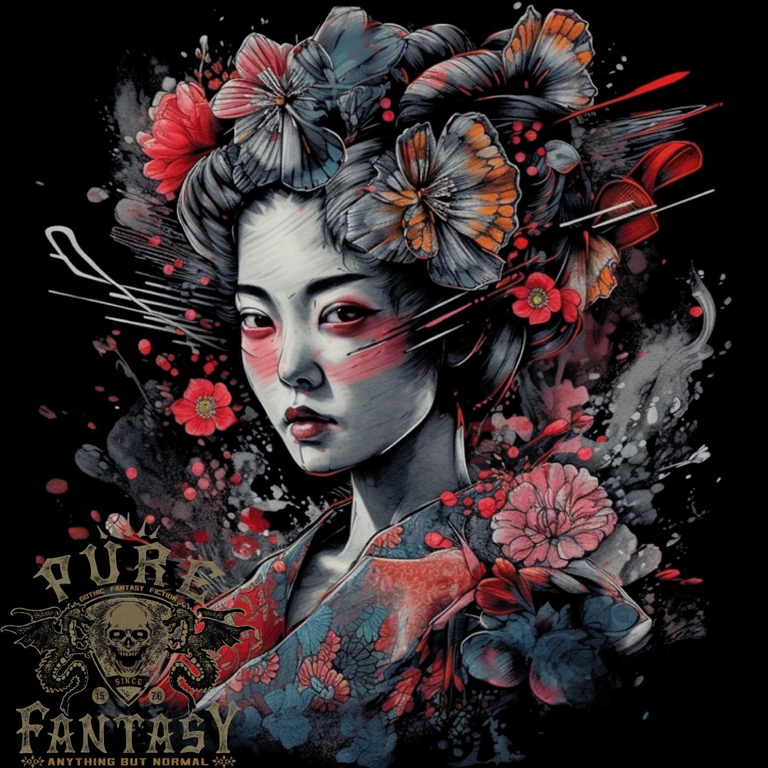 Geisha Girl With Flowers & Butterflies Fantasy Mens Light Cotton T-Shirt