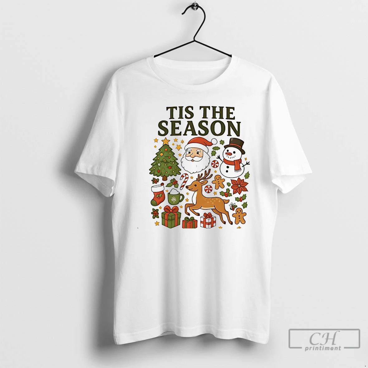 Classic Tis The Season Christmas Icons Santa Snowman Reindeer White T Shirts