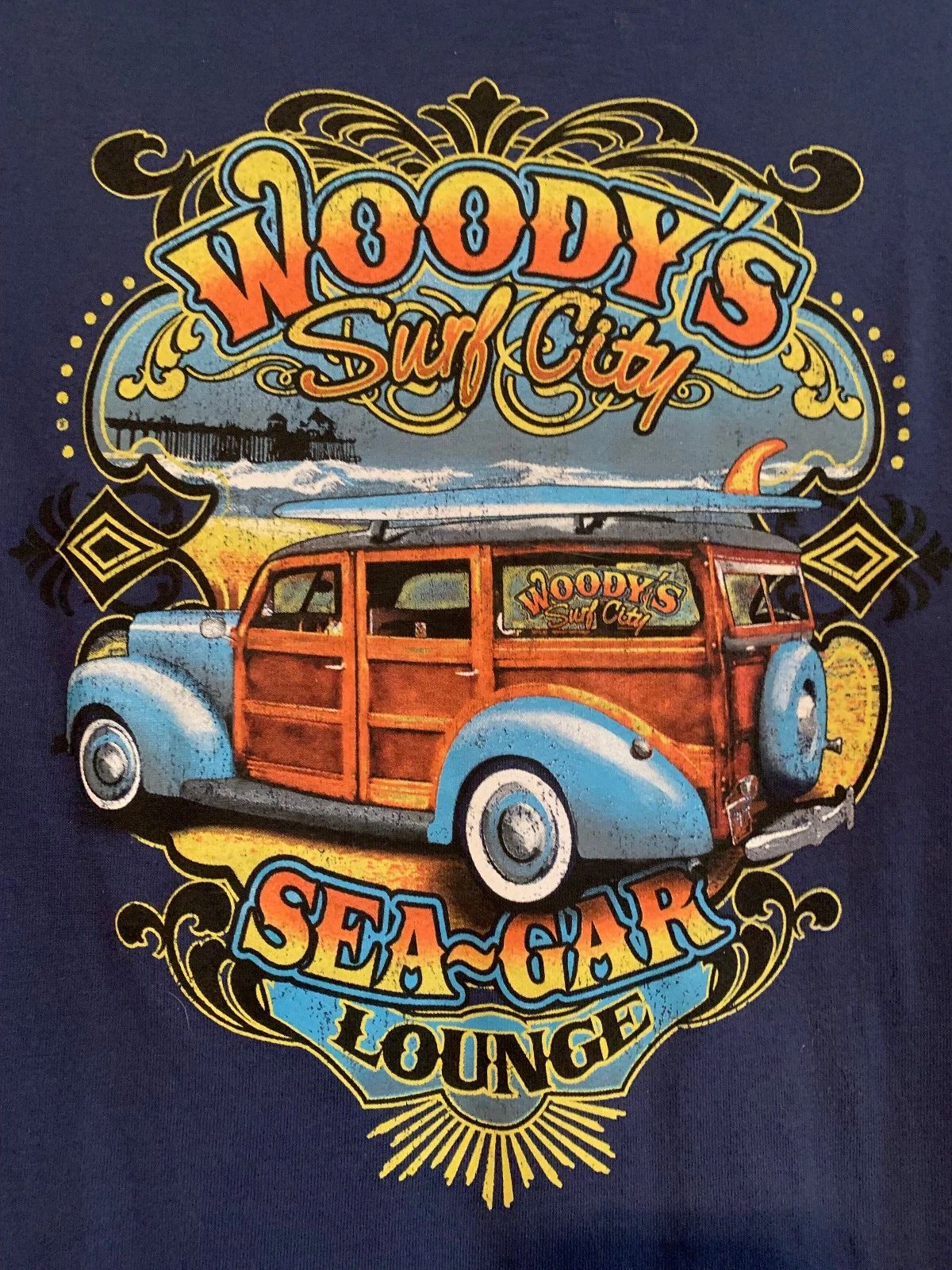 NWOT - Woody's Surf City Sea-Gar Lounge Adult Size L Navy Blue Short Sleeve Tee