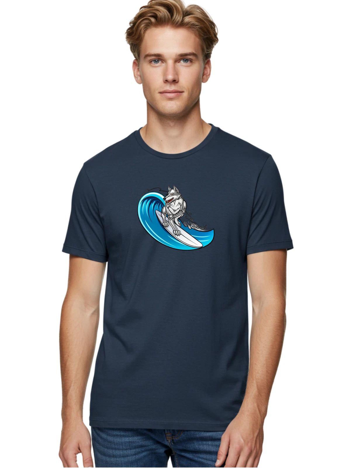 Surfing-Wolf-2 Mens Graphic Tee, 100% Cotton, Casual Summer Wear
