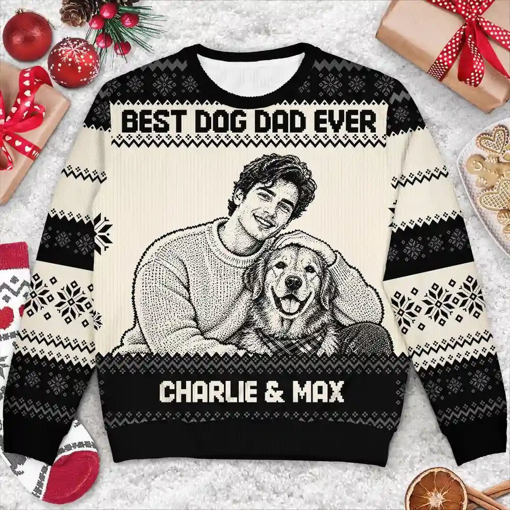 Christmas Gift For Pet Lovers - Personalized Custom Photo Best Dog Mom Ever Knit Line Art Unisex Ugly Sweater