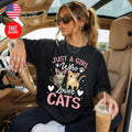 Girl Who Loves Cat T-Shirt Cute Kitty Lover Gift Graphic Tee S-4XL