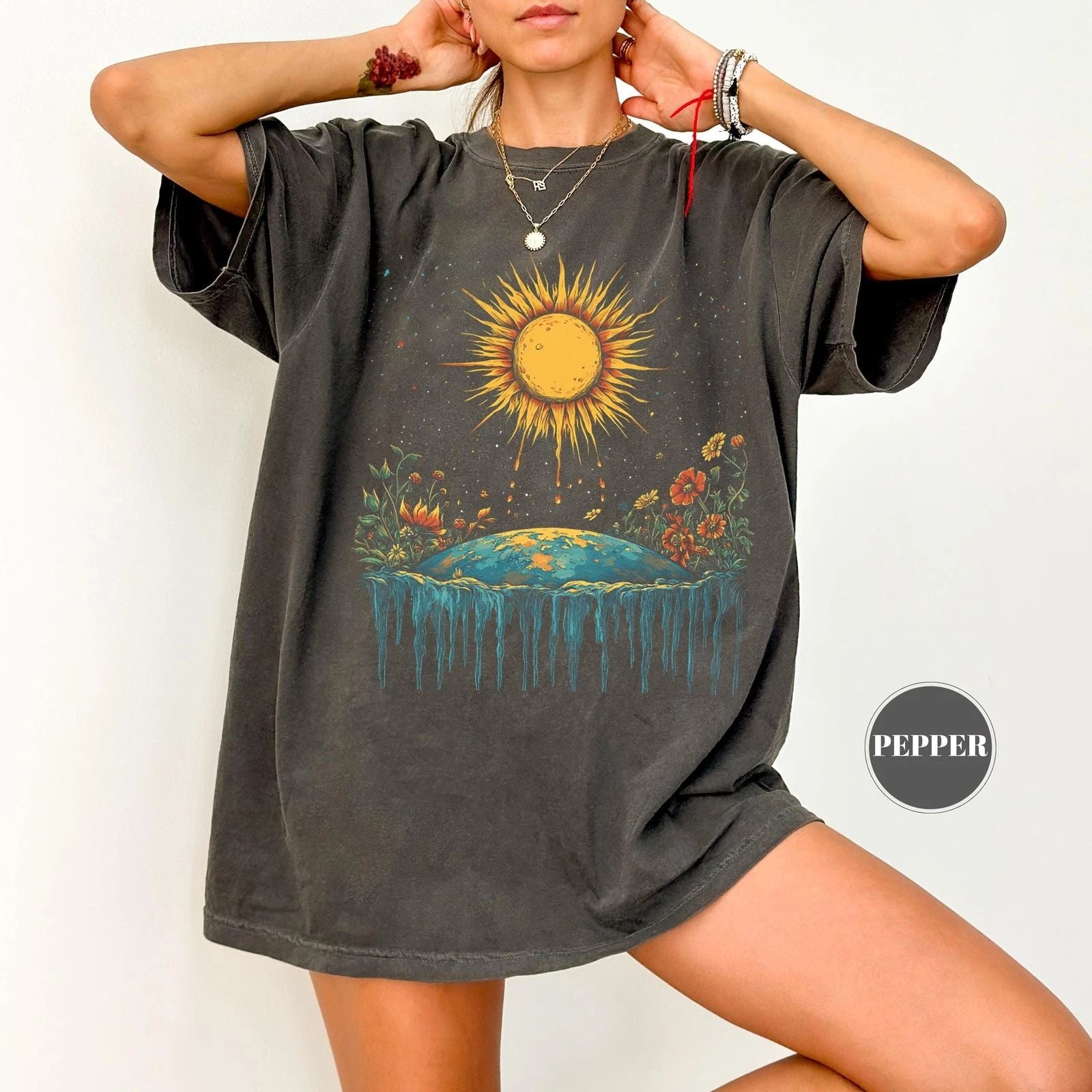 Boho Floral Golden Sun T-Shirt, Clothing Women, Chic Style, Women Clothin