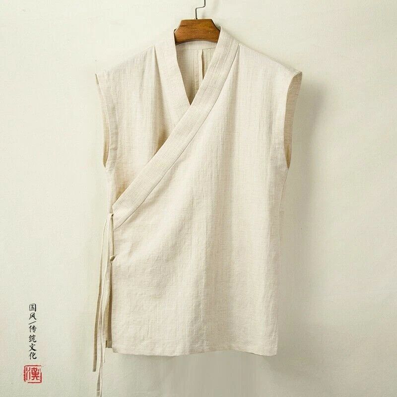 Chinese style of Hanfu Cotton Linen Vest Sleeveless Waistcoat Shirt Tops