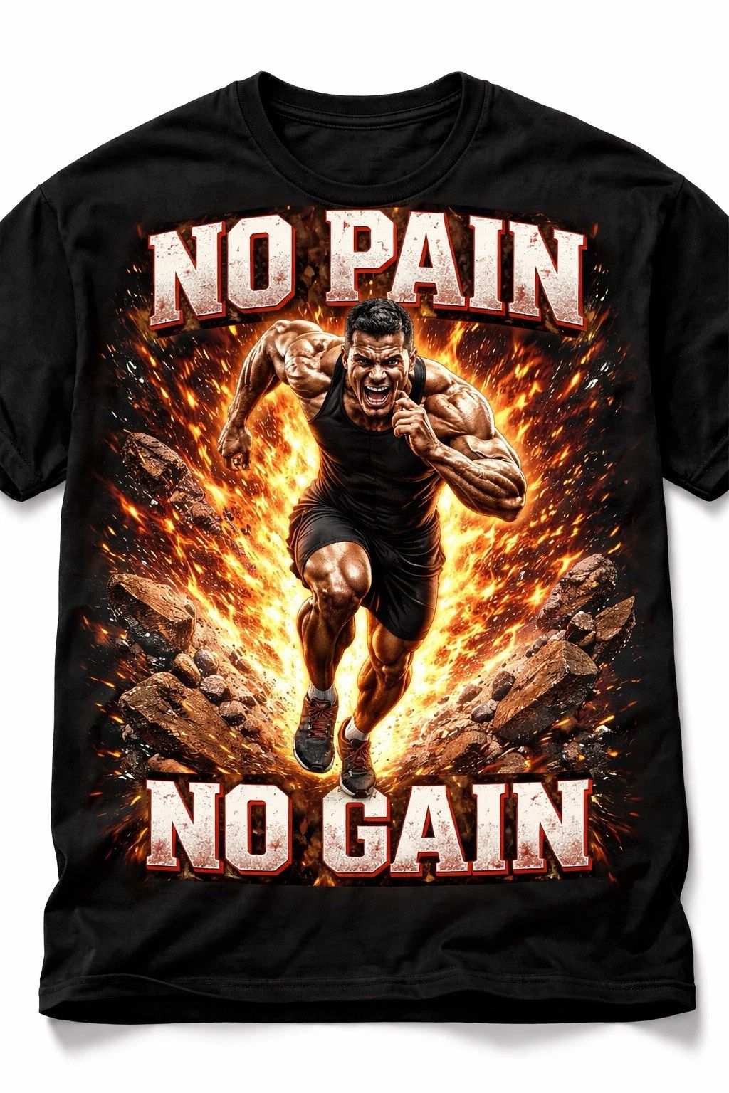 Men's Black Graphic T-Shirt No Pain No Gain Fitness Motivational Crew Neck