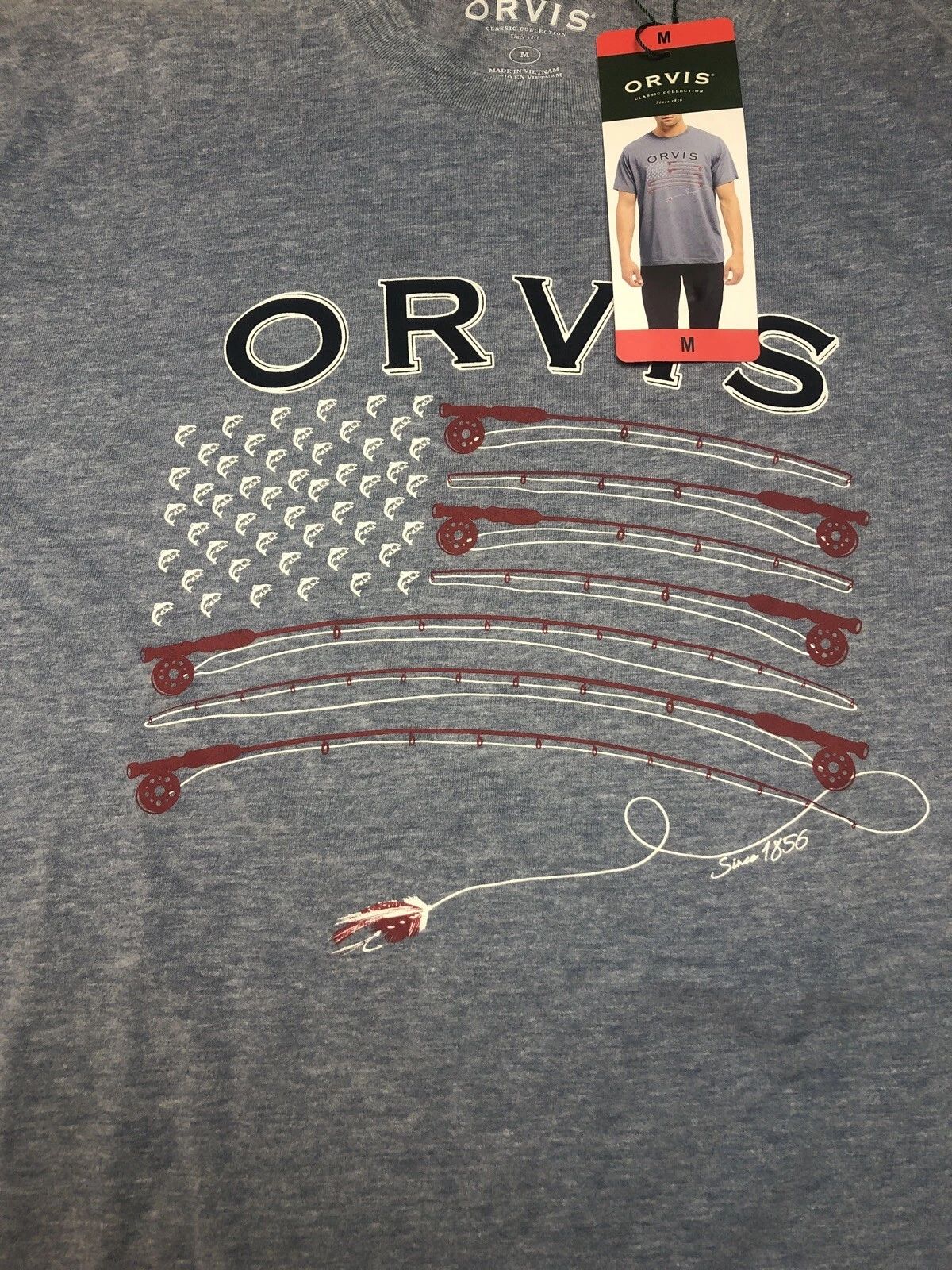 Orvis Heather Blue Graphic Tee Shirt Canon American Flag USA PATRIOTIC MEDIUM