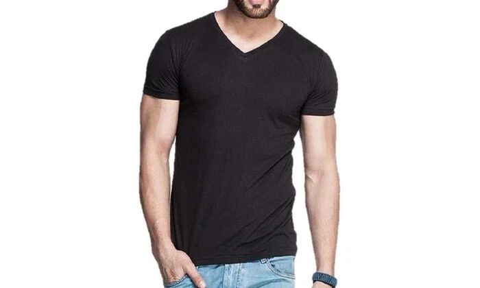 Men 100% Cotton short sleeve Black  V Neck T Shirt
