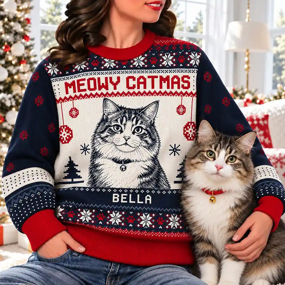 Custom Photo Merry Christmas Cute Pet Portrait - Personalized Unisex Ugly Sweater