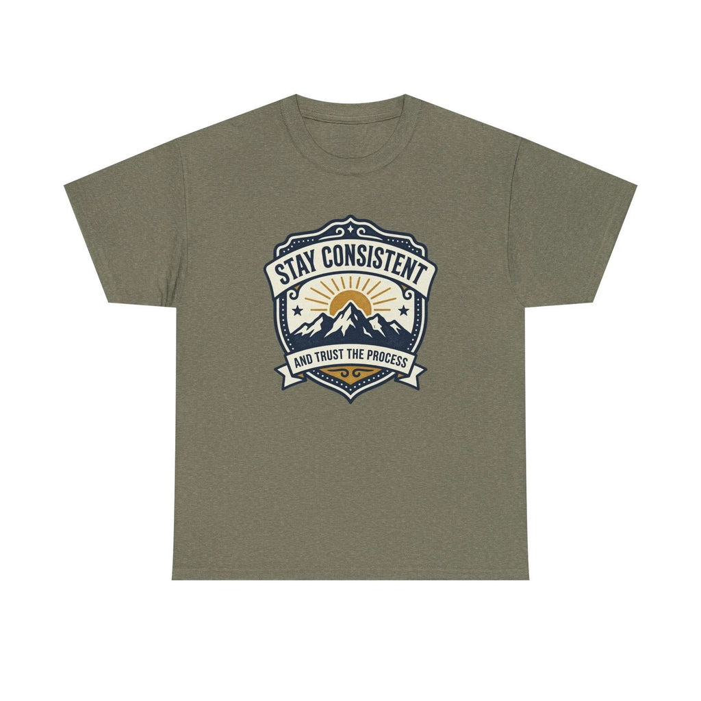 Stay Consistent mountain emblem Tee | motivational sunrise design