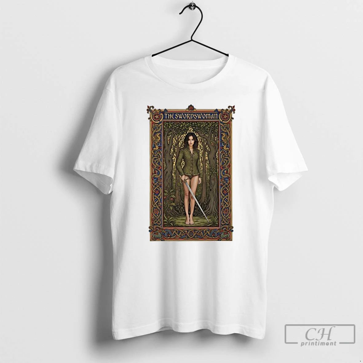 Classic The Swordswoman Medieval Warrior Lady Holding Sword In Enchanted Forest T Shirts