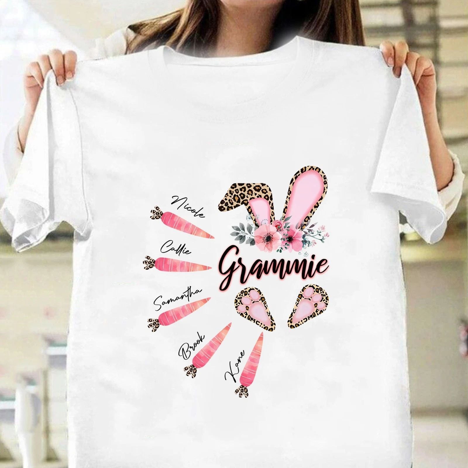 Personalized Leopard Bunny Grammie Tee for Easter Day, Custom Grandma and Kids
