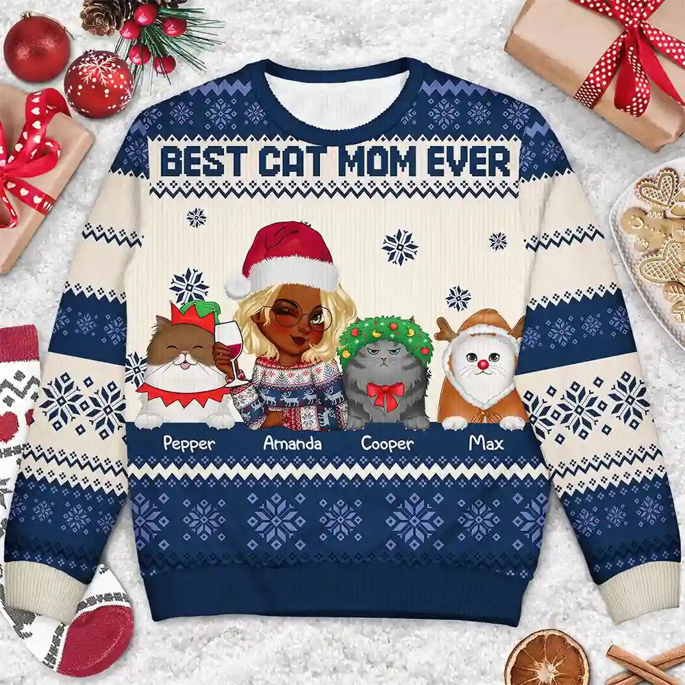 Best Cat Mom Ever Christmas - Personalized Unisex Ugly Sweater