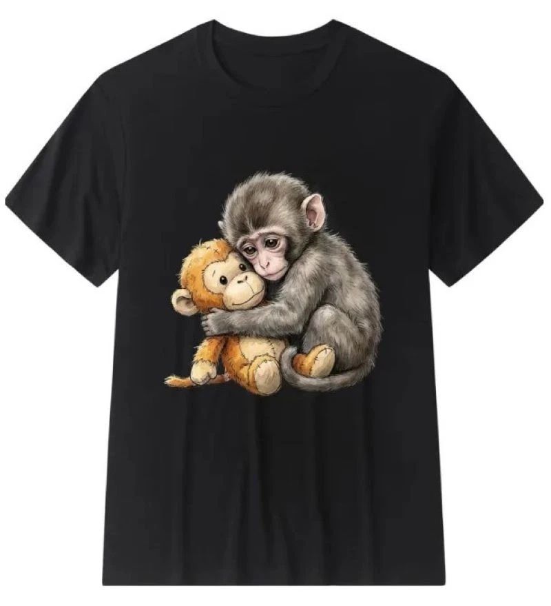 Cute Baby Monkey Punch Plush Hugging Unisex T-Shirt Cotton