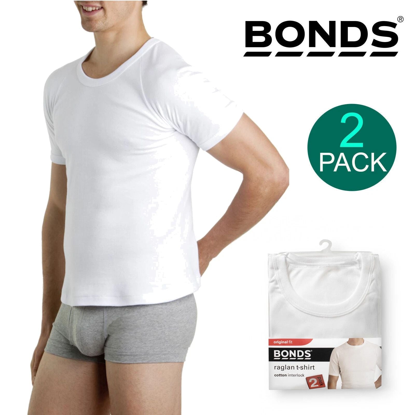 Bonds 2 Pack Crew Round Neck Raglan Blank Plain Basic Mens White T‑shirt Tee Top
