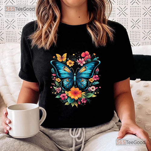Aesthetic Butterfly With Flowers Shirt, Beautiful Floral Butterfly Graphic Tee