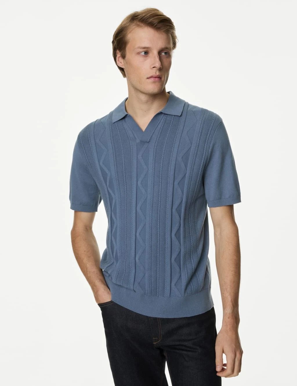 M&S Mens Cotton Short sleeved Knitted Collar Polo Top in Air Force Blue
