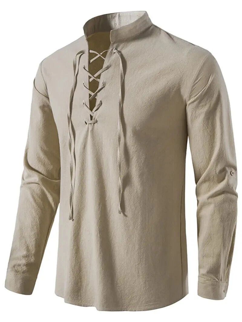 Khaki Beige Linen Cotton Linen Solid Drawstring Breathable Long Sleeve Tee Shirt
