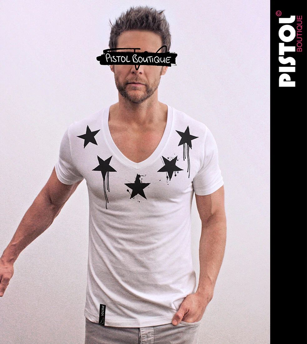 Pistol Boutique men's fitted White Deep V neck CHEST PAINT STARS T-shirt