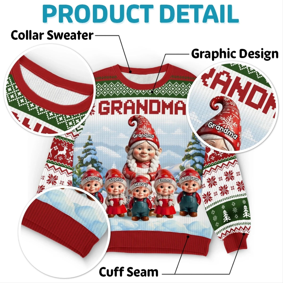 Custom Gnome Unisex Ugly Sweatshirt - Personalized Christmas Birthday Gifts For Grandma, Grandparent, Mom - Christmas Magic Shared Across Generations
