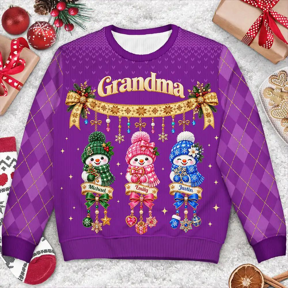 Christmas Gift For Grandma - Personalized Grandkids Snowmen Unisex Ugly Sweater